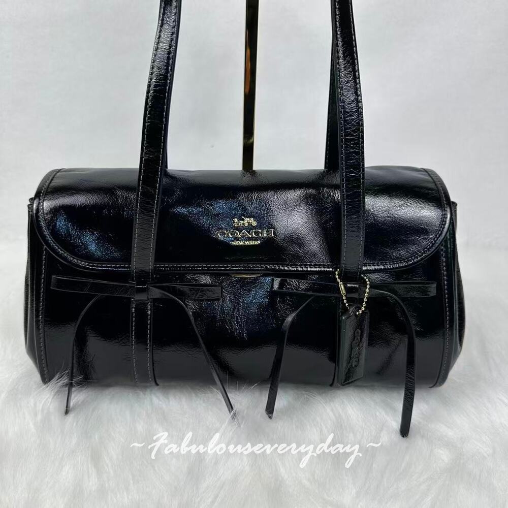 Coach Bridget Flap Shoulder Bag With Bows In Leather CDY94 Silver/Black NWT - Picture 2 of 10